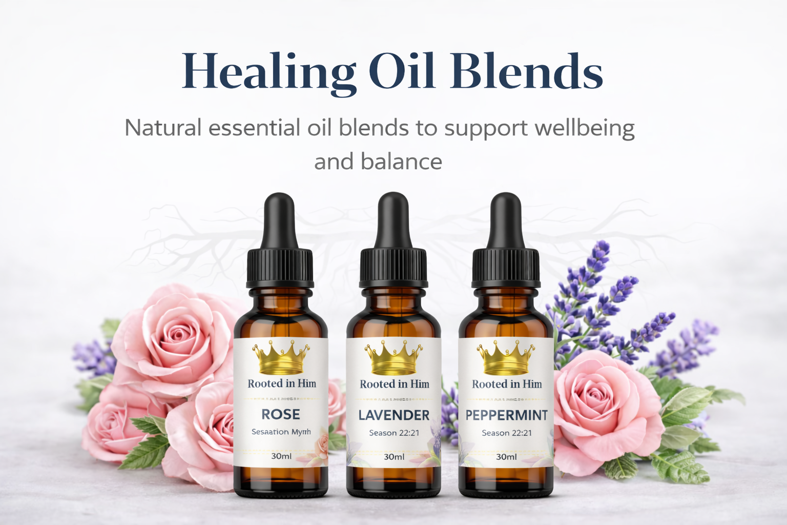 Rooted In Him healing essential oil blends collection featuring rose, lavender and peppermint oils designed to support wellbeing and balance