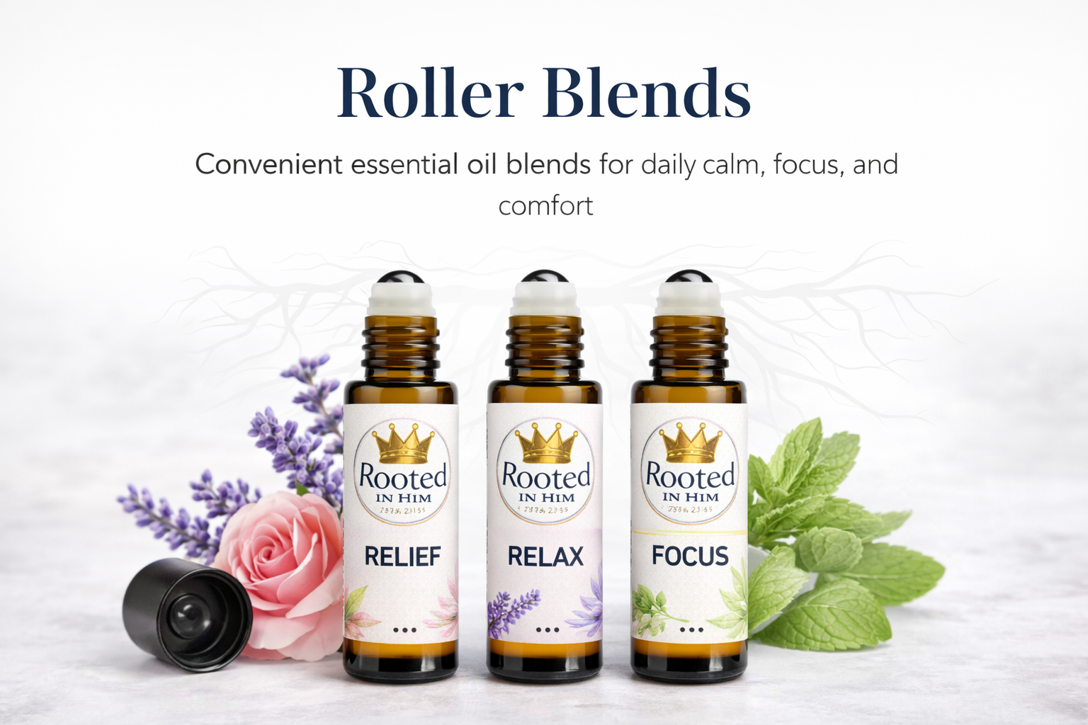 Rooted In Him essential oil roller blends including relax, relief and focus blends for convenient daily use