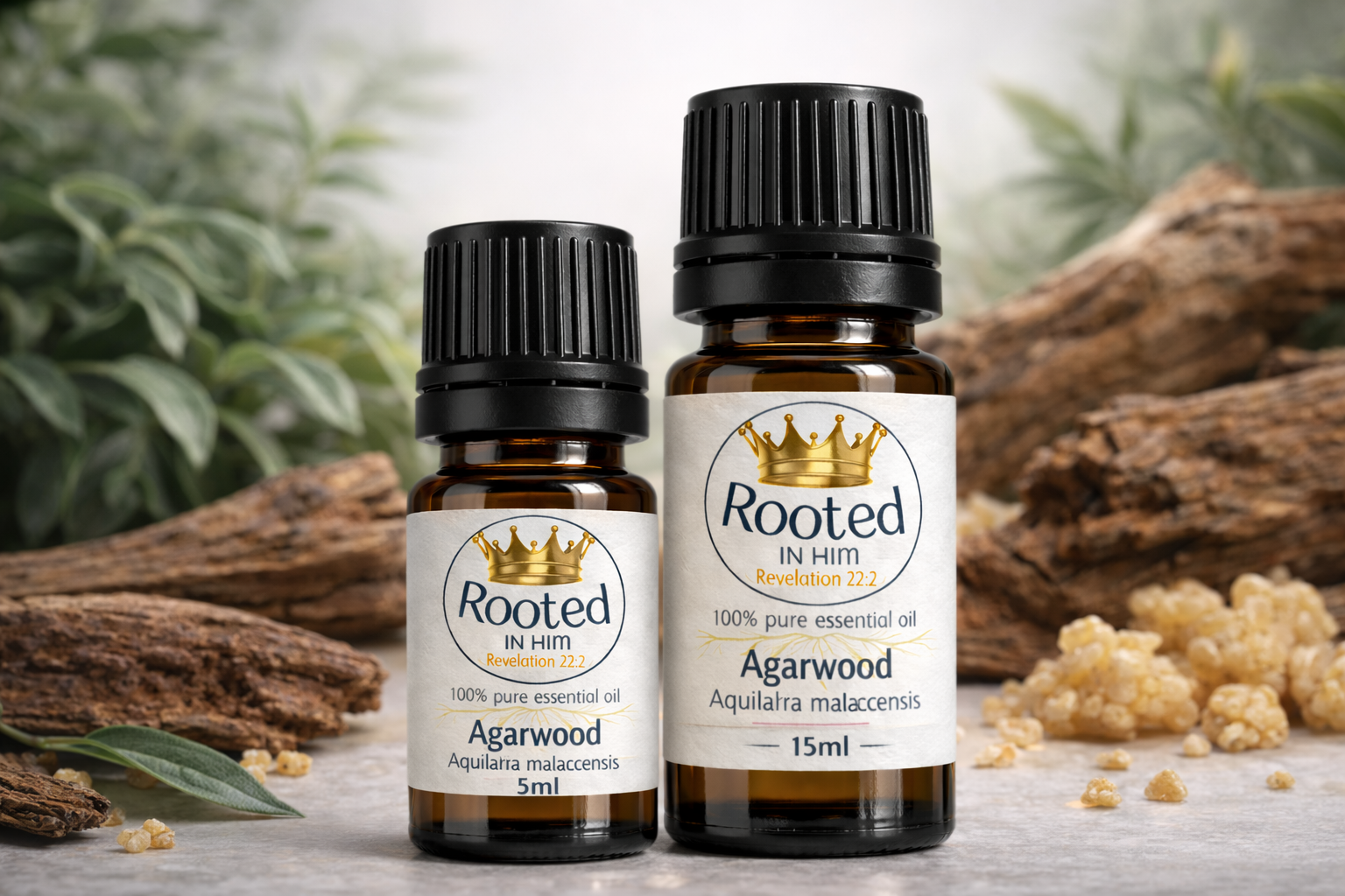 agarwood essential oil 5ml and 15ml amber bottles rooted in him with agarwood resin and wood