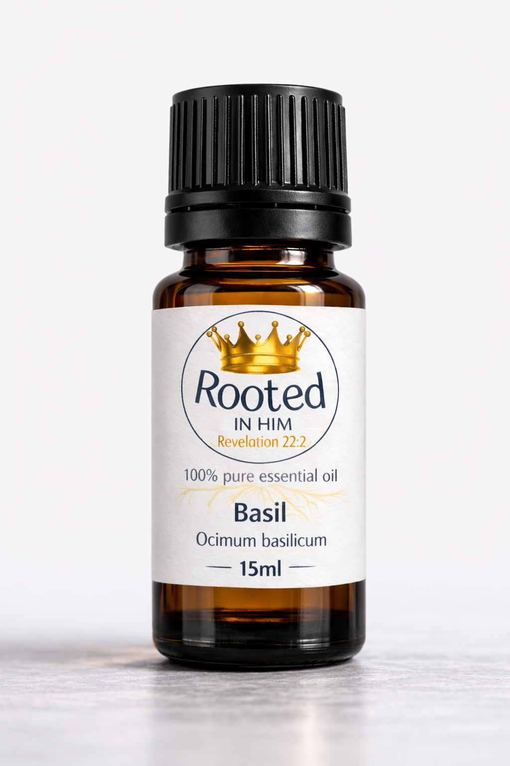 basil essential oil 15ml amber bottle rooted in him