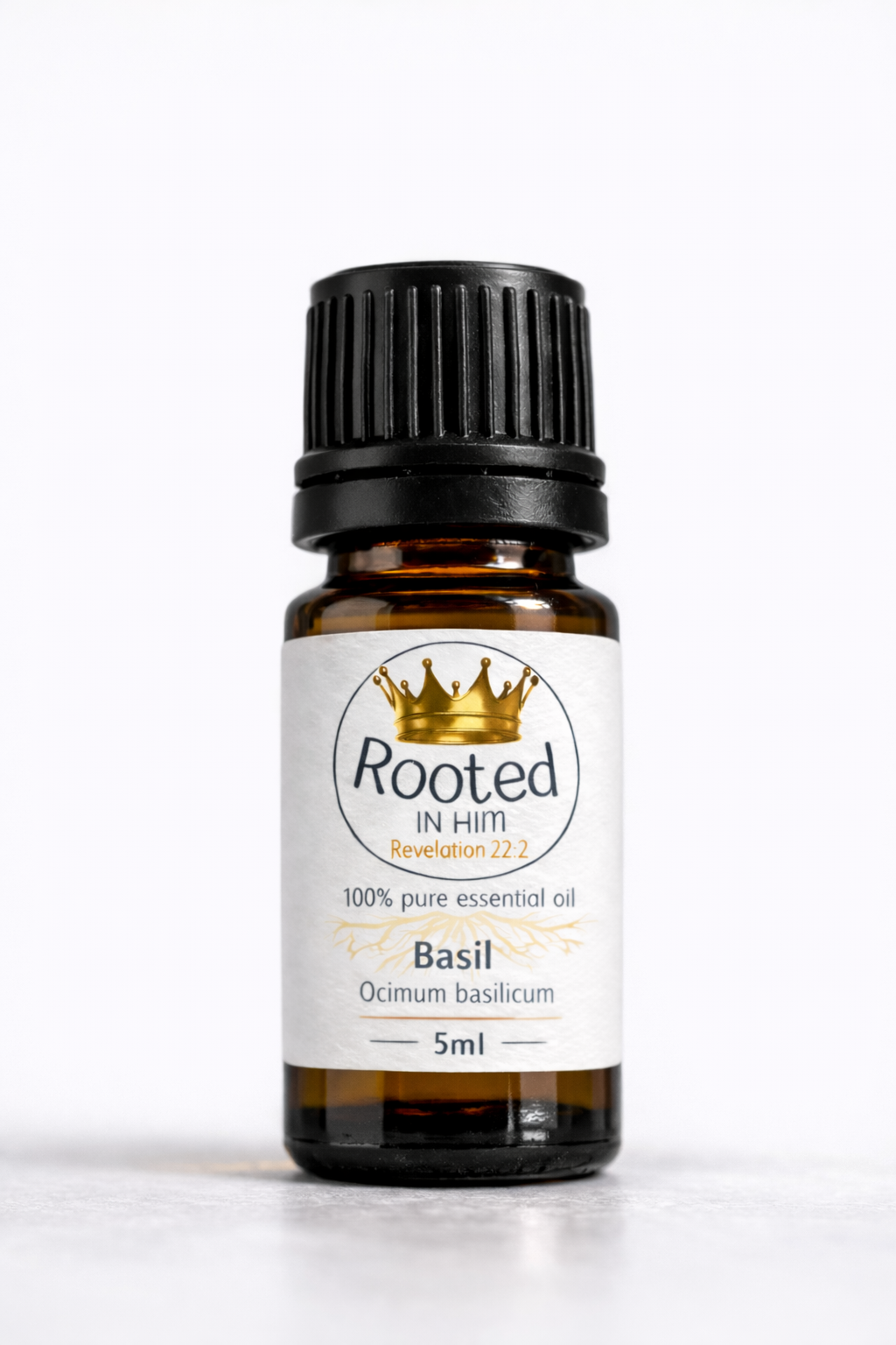 basil essential oil 5ml amber bottle rooted in him