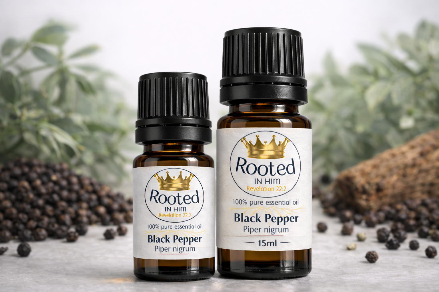 black pepper essential oil bottles 5ml and 15ml rooted in him