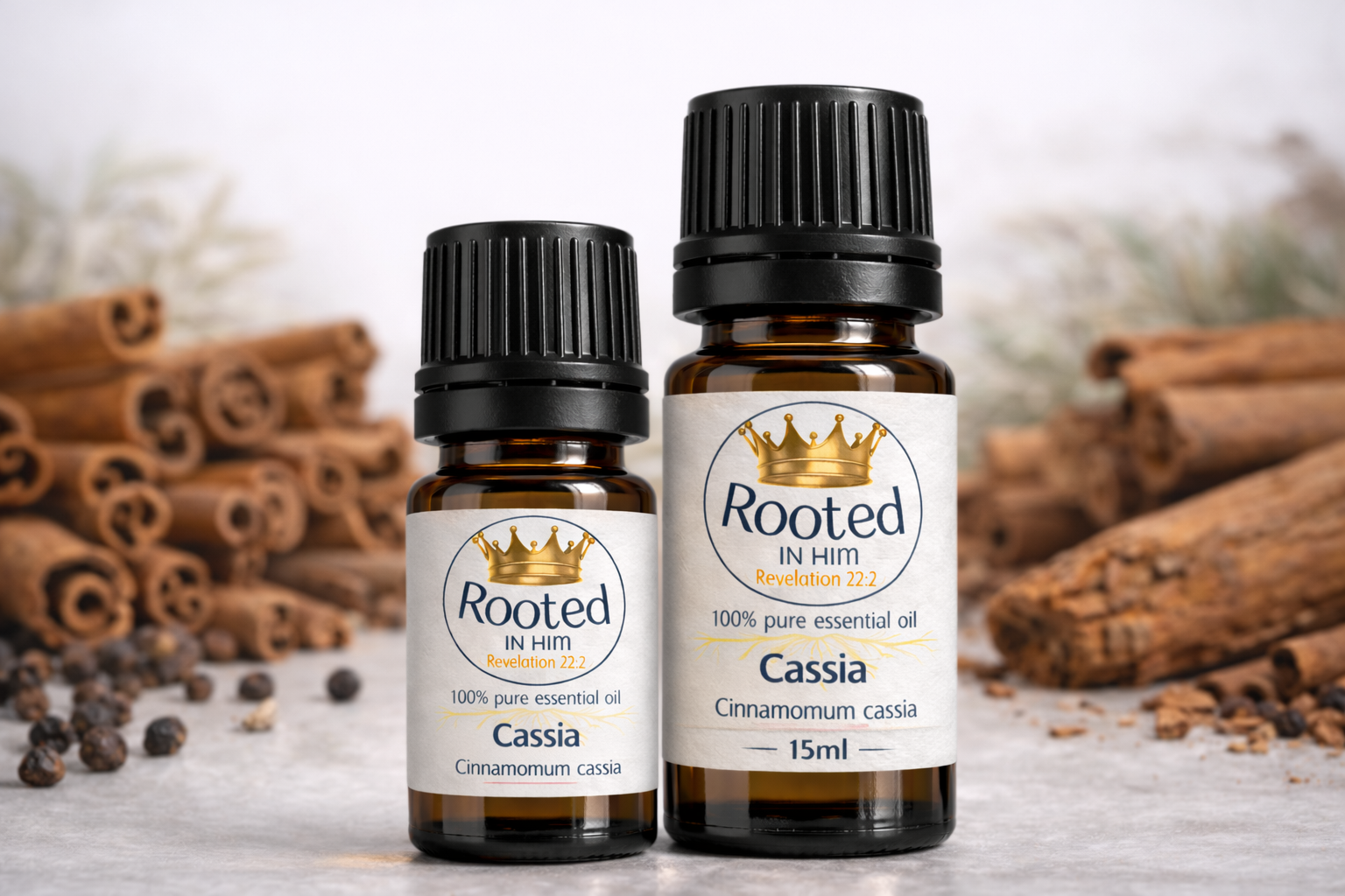 cassia essential oil bottles 5ml and 15ml rooted in him