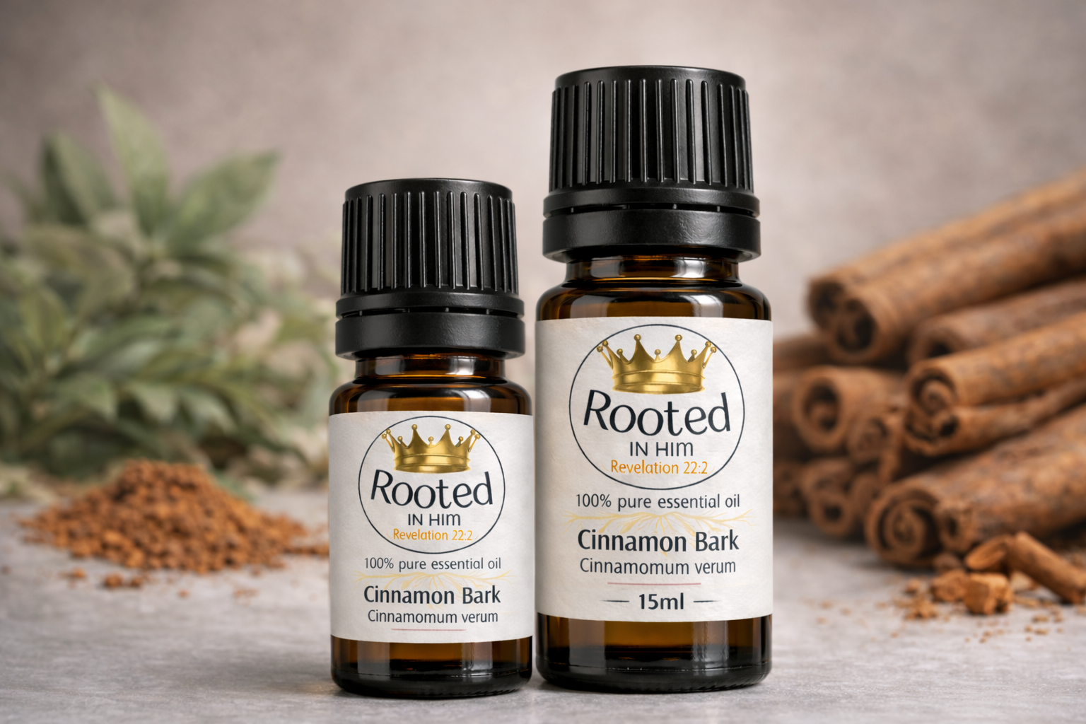 cinnamon bark essential oil bottles 5ml and 15ml rooted in him