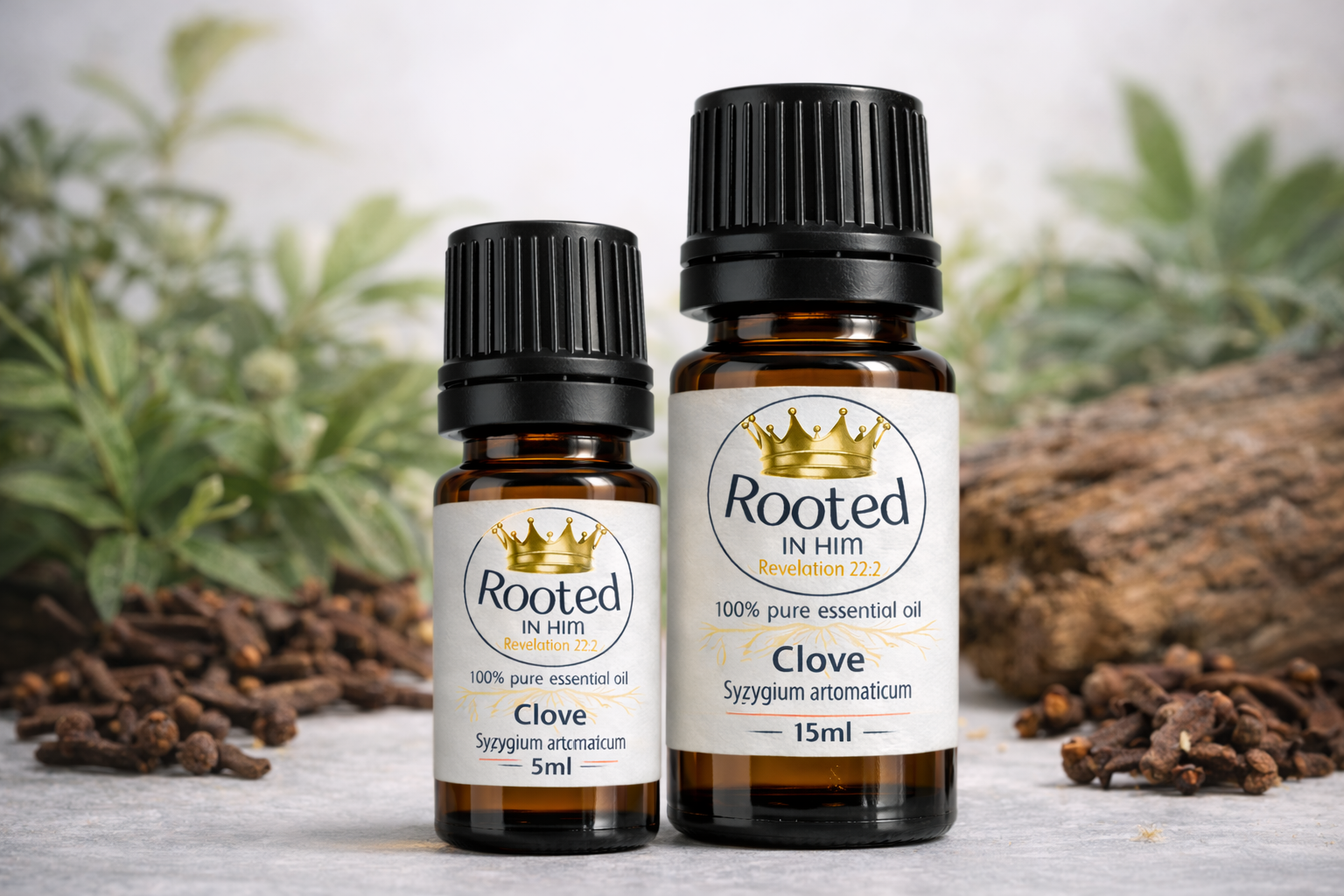 clove essential oil bottles 5ml and 15ml rooted in him