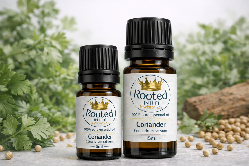 coriander essential oil bottles 5ml and 15ml rooted in him