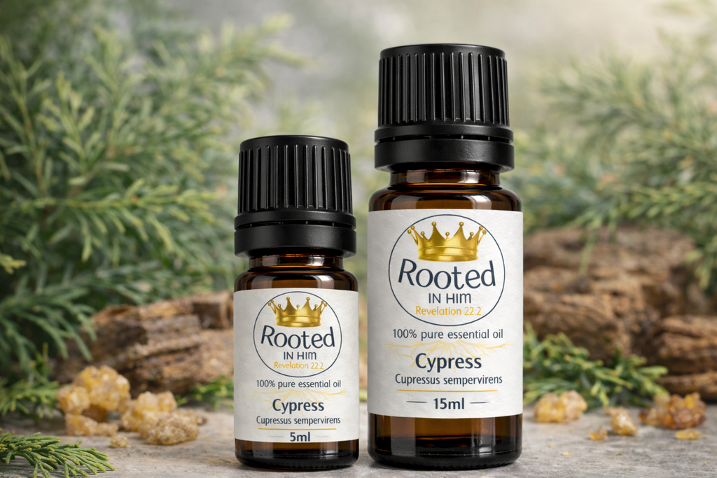 cypress essential oil bottles 5ml and 15ml rooted in him