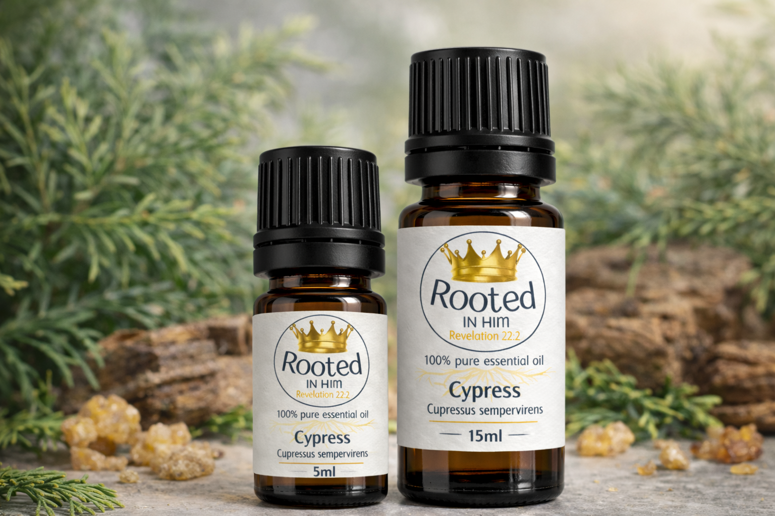 cypress essential oil bottles 5ml and 15ml rooted in him