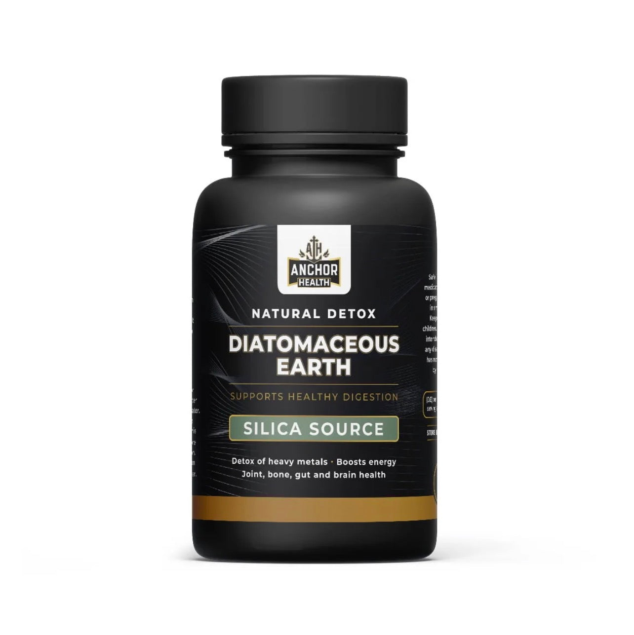 Diatomaceous earth silica supplement capsules bottle for natural wellness support
