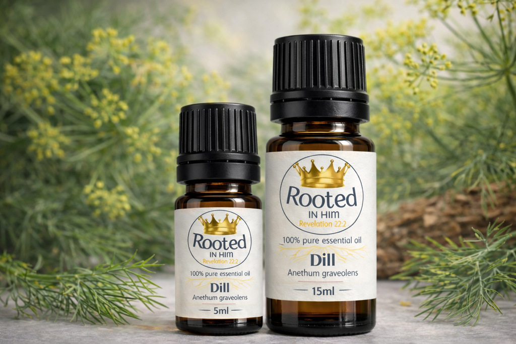 dill essential oil bottles 5ml and 15ml rooted in him