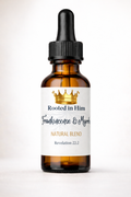 Rooted in Him Frankincense and Myrrh natural oil blend 30ml amber glass dropper bottle on white background