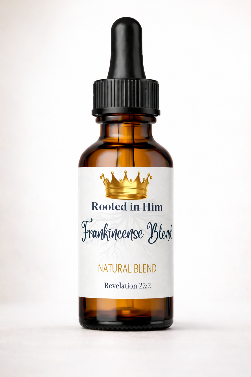Rooted in Him Frankincense natural oil blend 30ml amber glass dropper bottle on white background