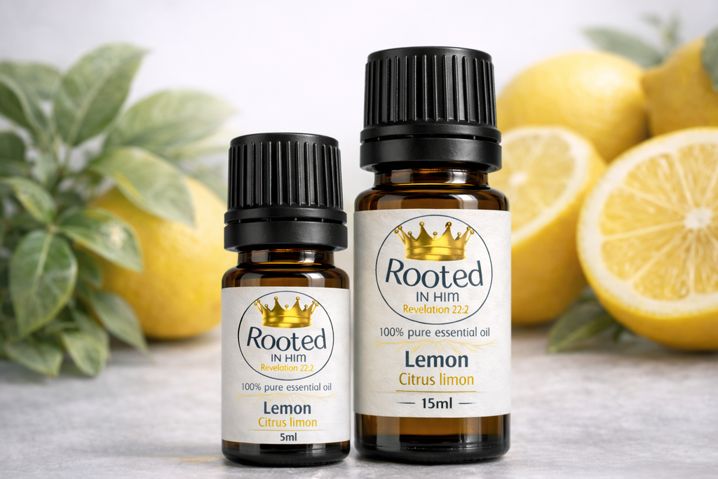 lemon essential oil bottles 5ml and 15ml rooted in him