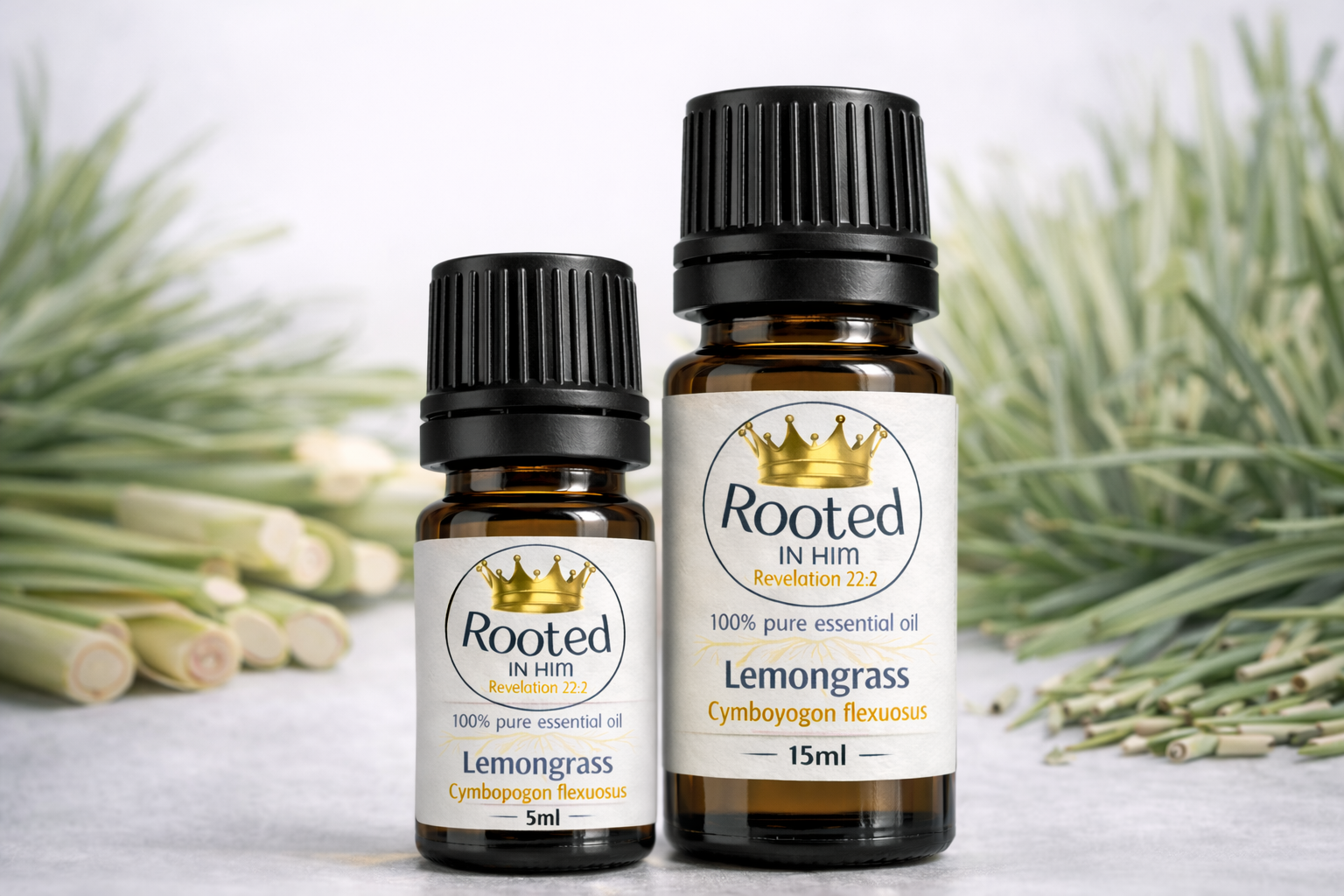 lemongrass essential oil bottles 5ml and 15ml rooted in him