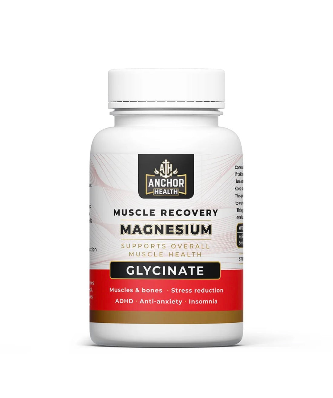 Magnesium glycinate capsules supplement bottle for muscle recovery and relaxation support