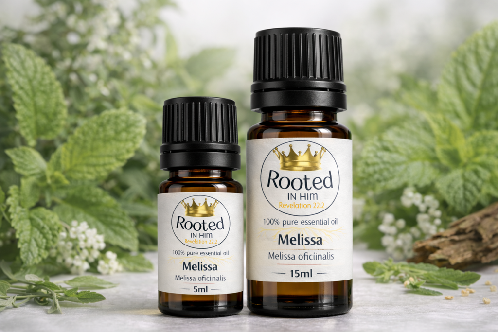 melissa essential oil bottles 5ml and 15ml rooted in him