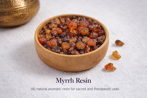 natural myrrh resin incense pieces in wooden bowl used for incense burning