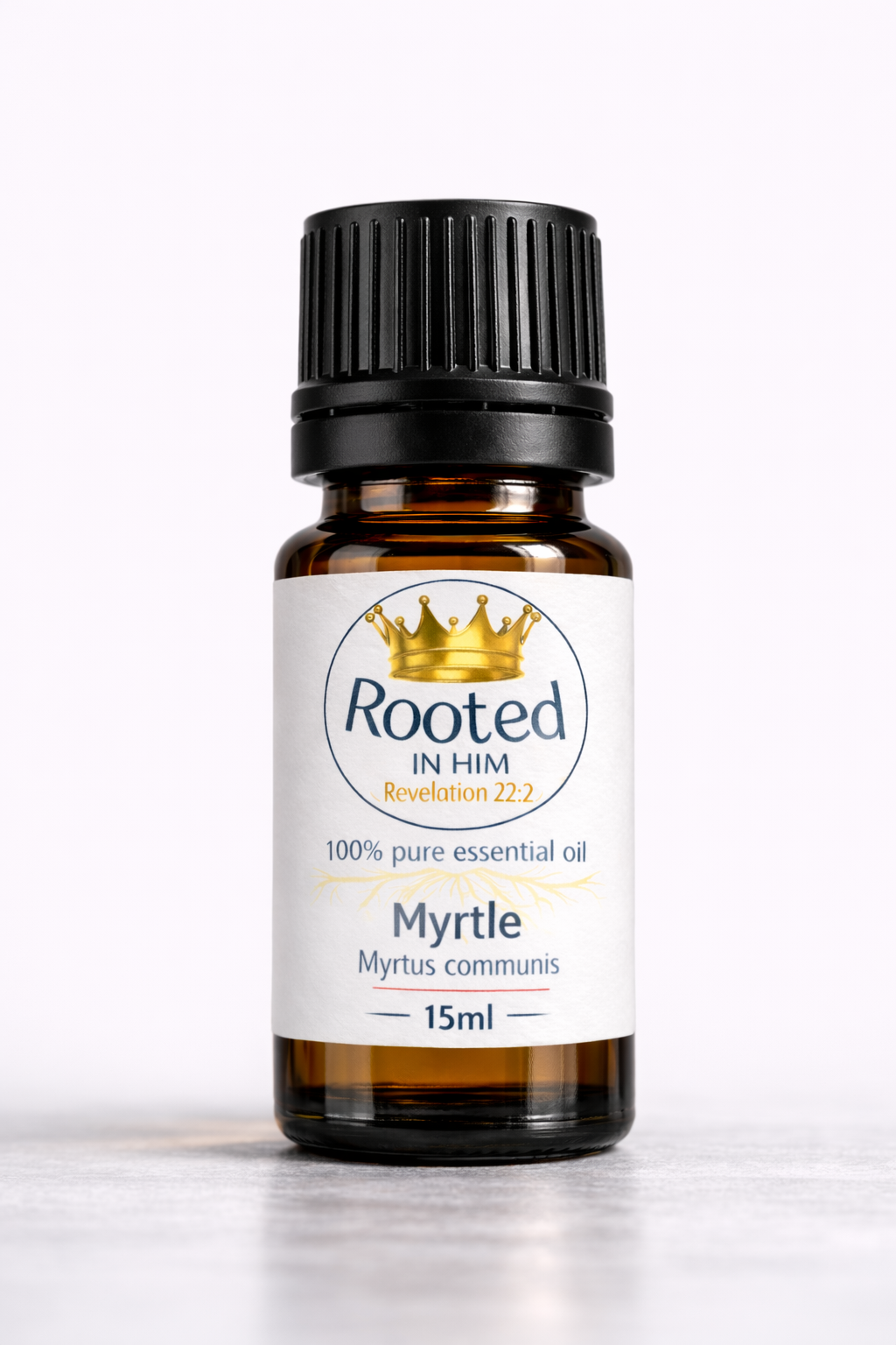 myrtle essential oil 15ml amber bottle rooted in him