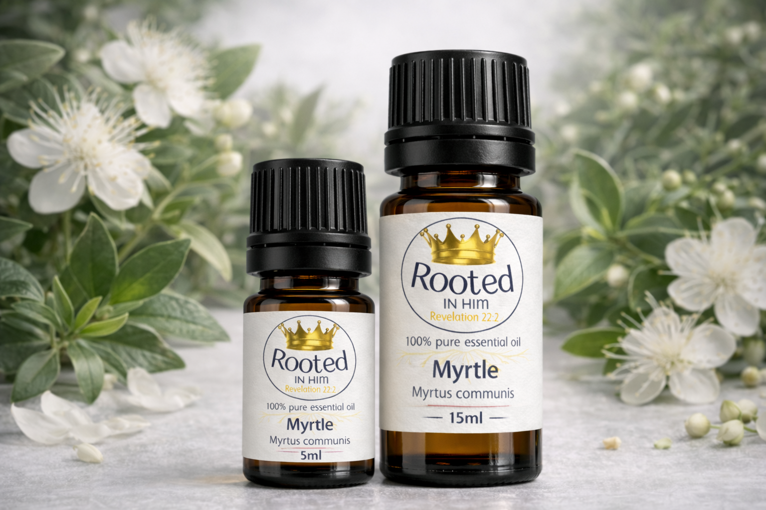 myrtle essential oil bottles 5ml and 15ml rooted in him