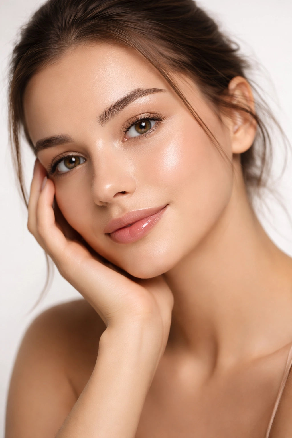 Woman with clear glowing skin after using natural skincare products