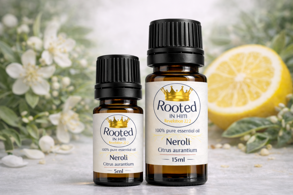 neroli essential oil bottles 5ml and 15ml rooted in him