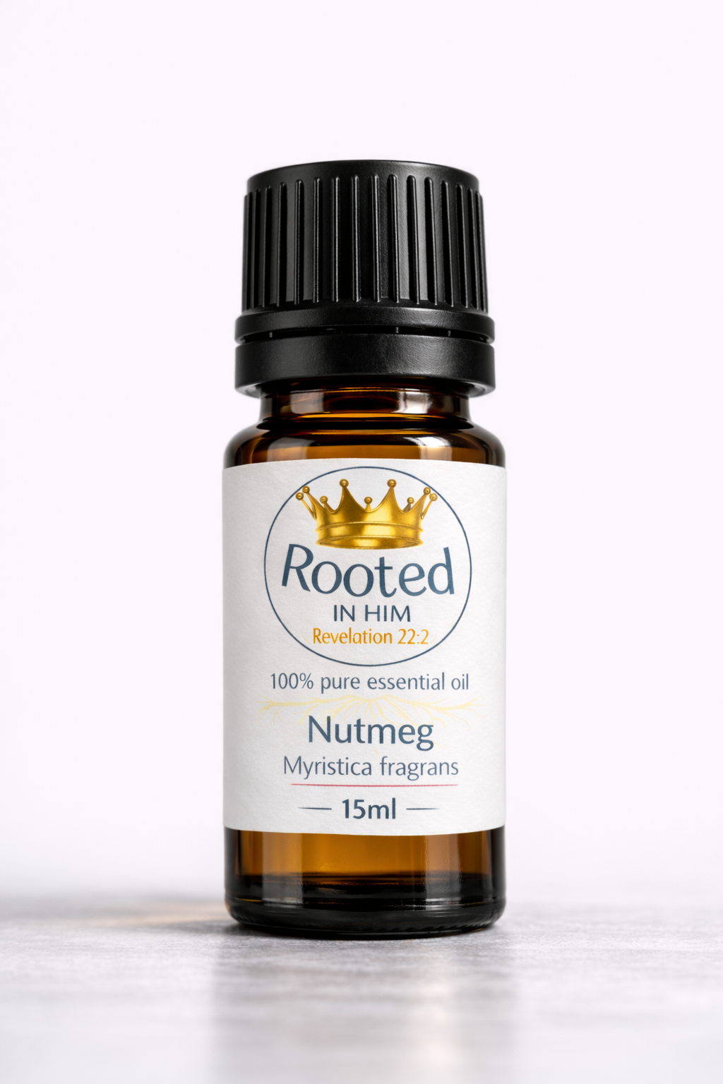 nutmeg essential oil 15ml amber bottle rooted in him