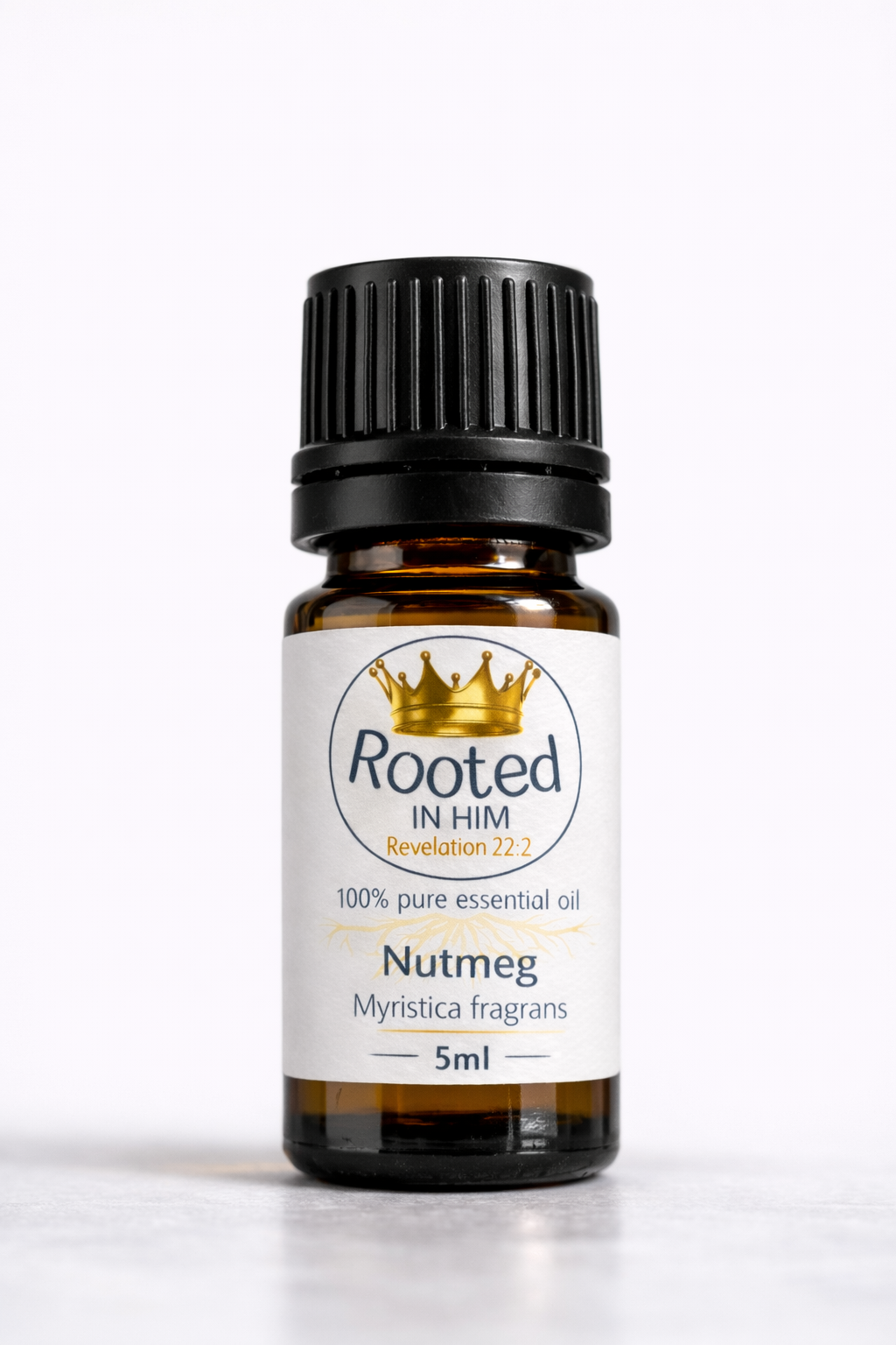 nutmeg essential oil 5ml amber bottle rooted in him