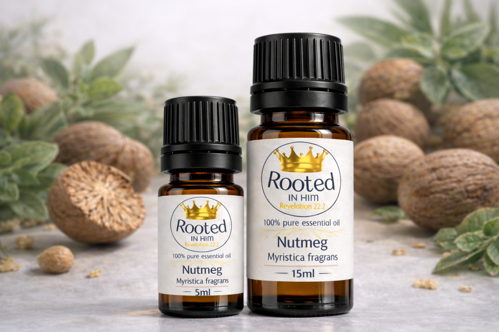 nutmeg essential oil bottles 5ml and 15ml rooted in him