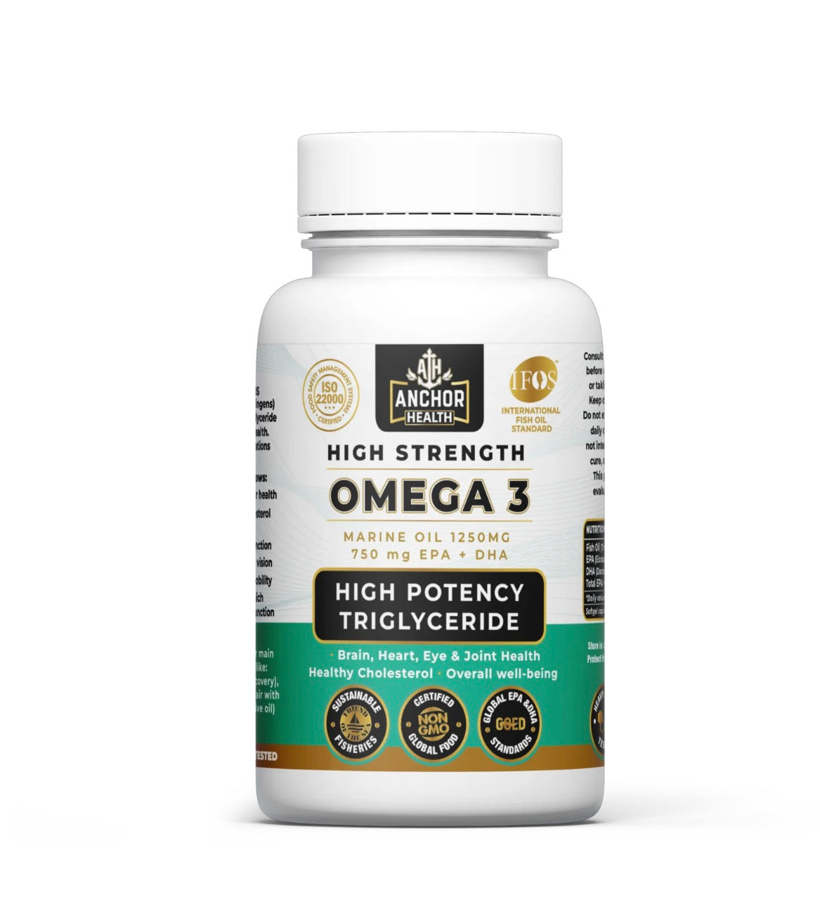 Omega 3 fish oil capsules supplement bottle 1250mg EPA DHA by Rooted in Him
