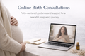 Faith-based online birth consultation with a pregnant woman receiving pregnancy guidance through a video call.