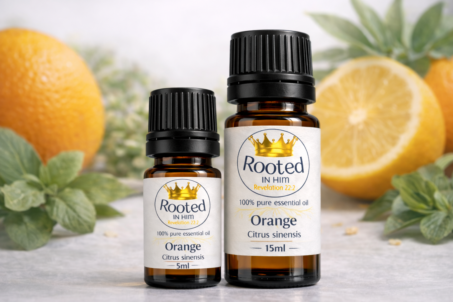 orange essential oil bottles 5ml and 15ml rooted in him