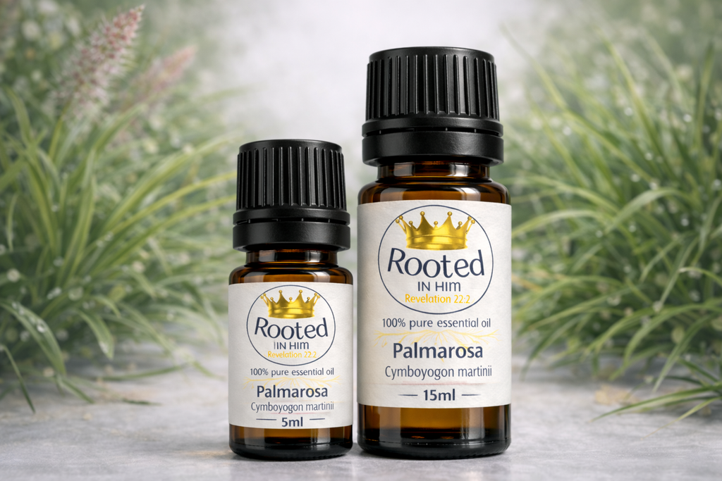 palmarosa essential oil bottles 5ml and 15ml rooted in him
