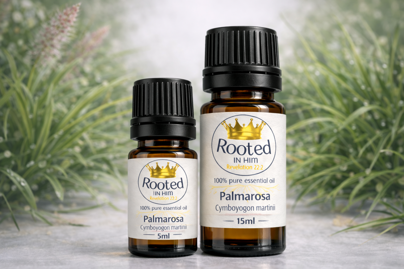 palmarosa essential oil bottles 5ml and 15ml rooted in him