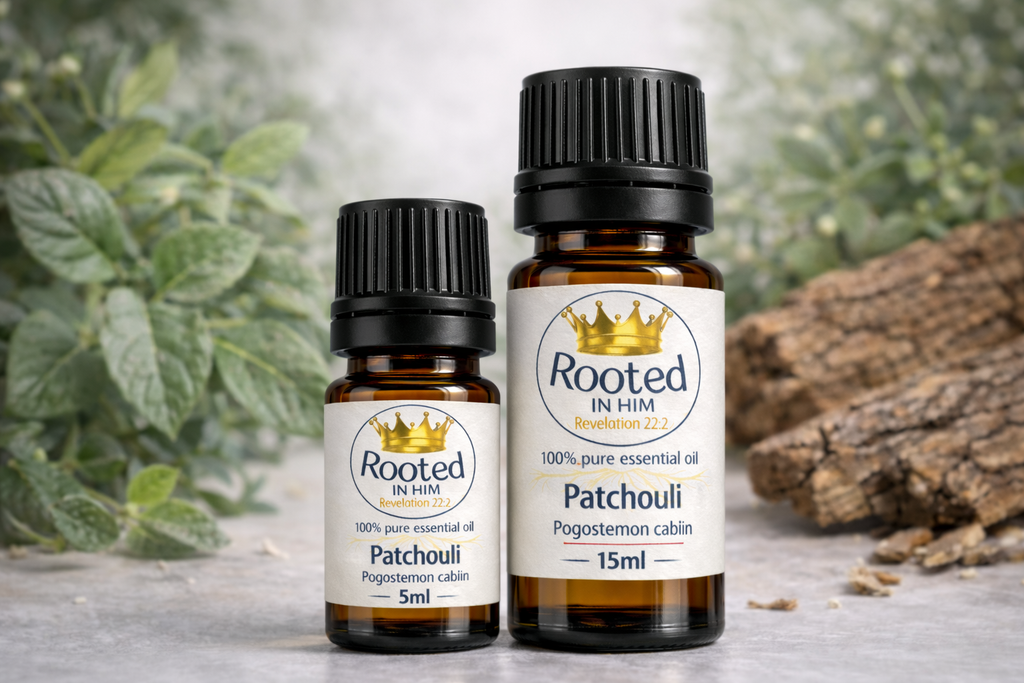 patchouli essential oil bottles 5ml and 15ml rooted in him
