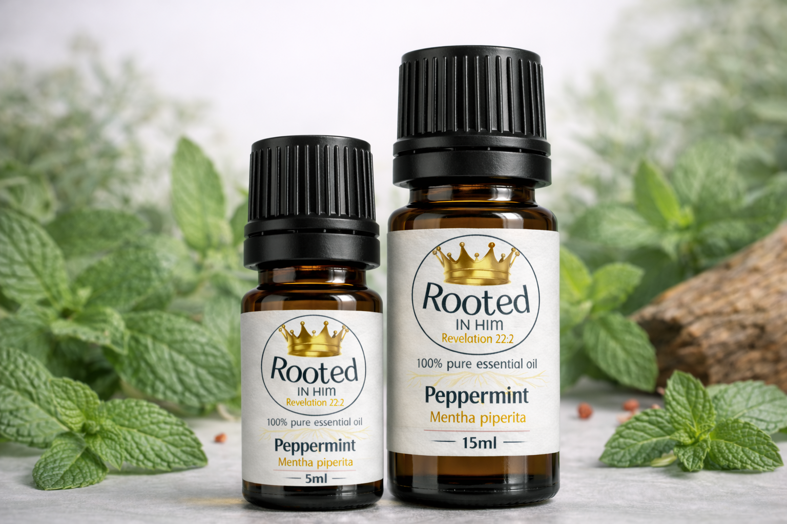 peppermint essential oil bottles 5ml and 15ml rooted in him