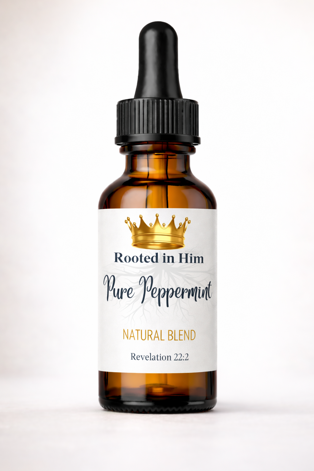 Rooted in Him Pure Peppermint Blend 30ml amber glass dropper bottle with fresh peppermint leaves