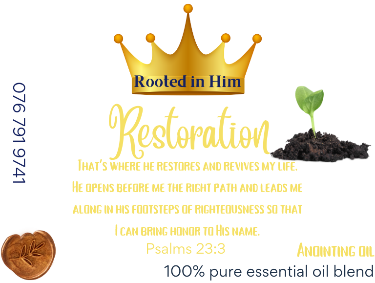 restoration anointing oil label rooted in him psalm 23 scripture