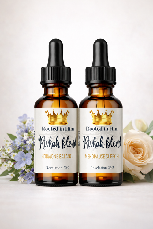 Rivkah Hormone Balance Blend 30ml essential oil bottles showing Normal Hormone Balance and Menopause Support variants by Rooted in Him