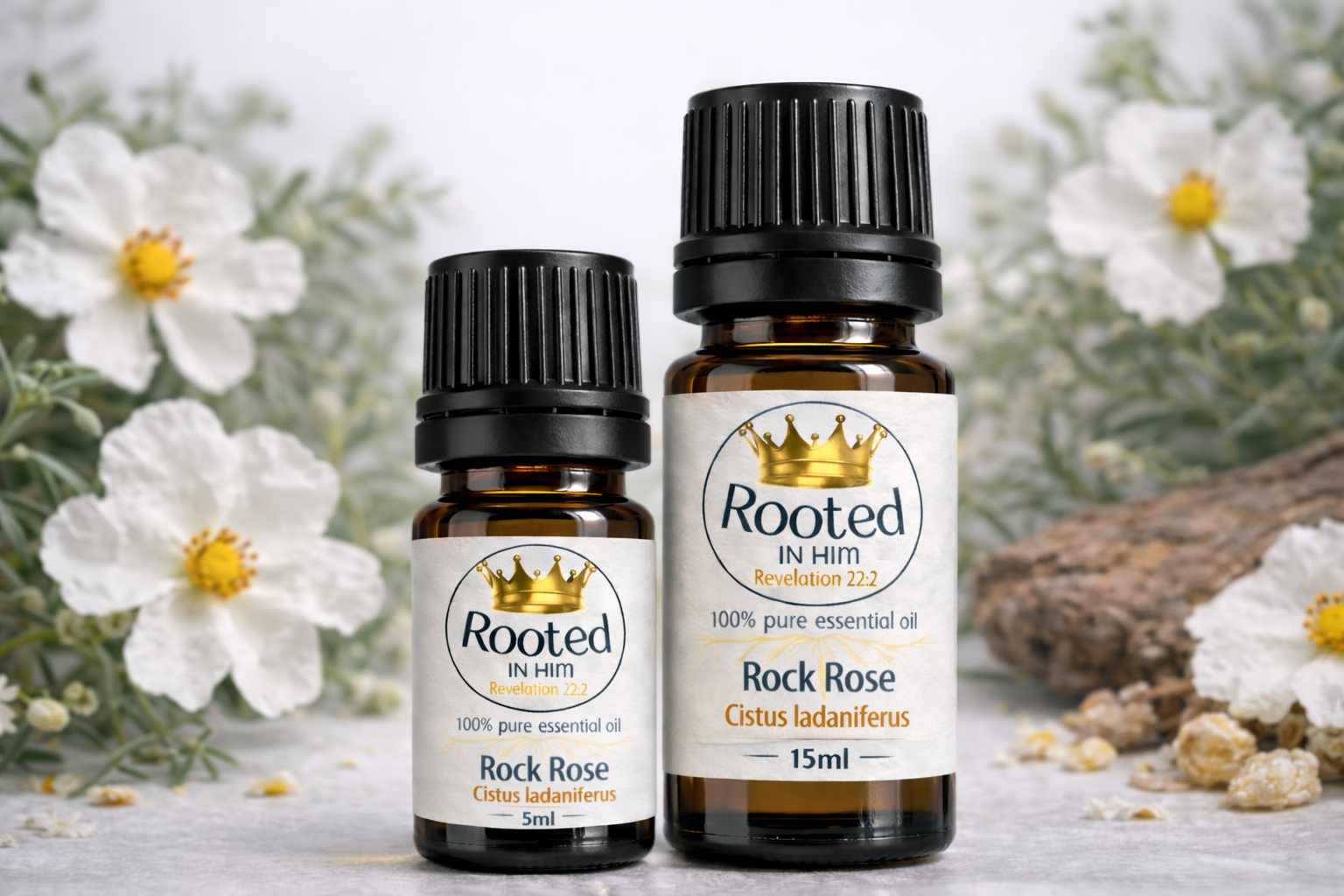 rock rose essential oil bottles 5ml and 15ml rooted in him