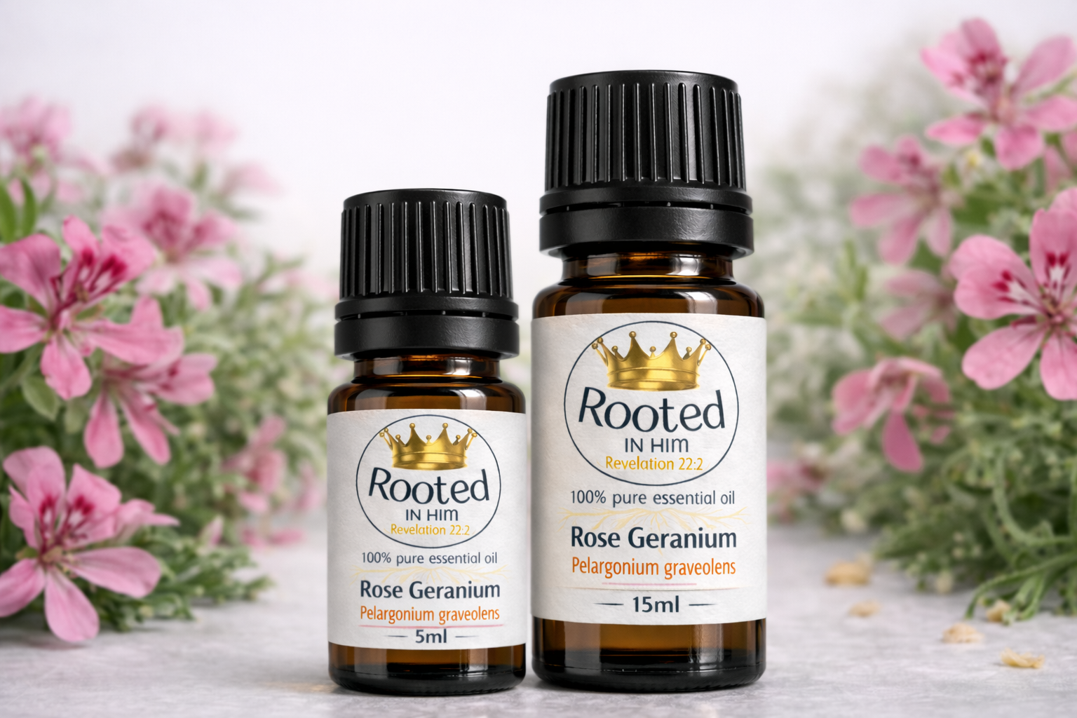 rose geranium essential oil bottles 5ml and 15ml rooted in him