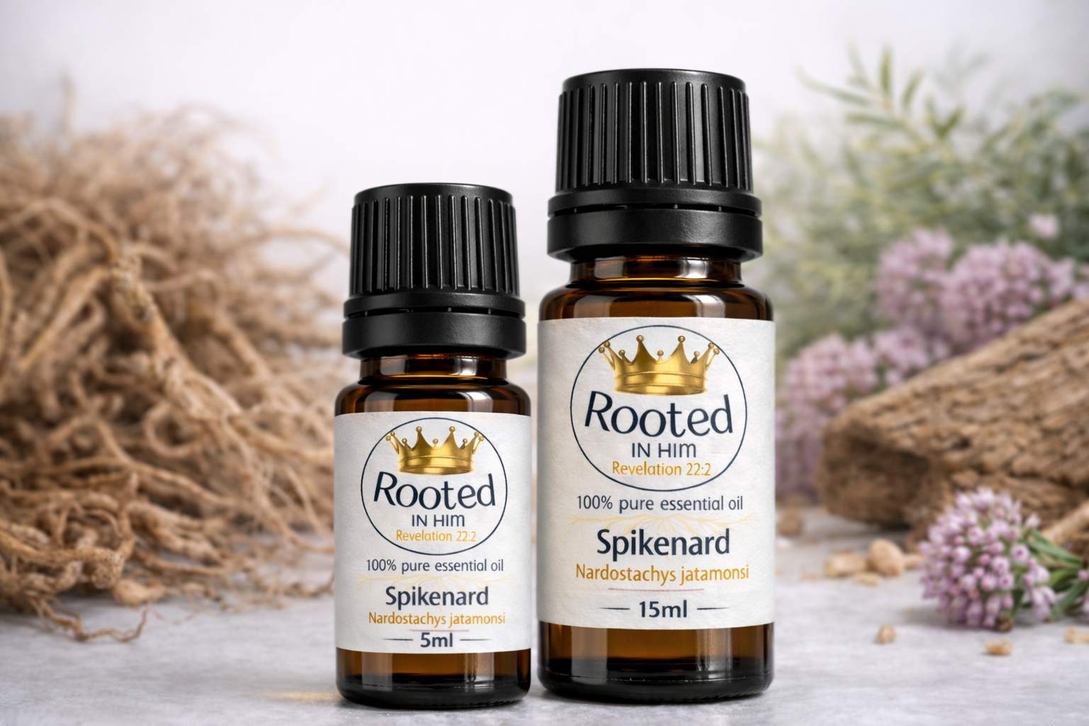 spikenard essential oil bottles 5ml and 15ml rooted in him