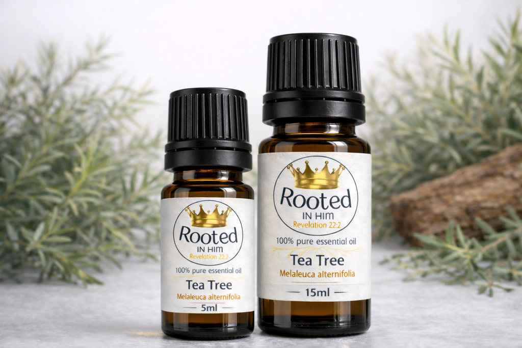 tea tree essential oil bottles 5ml and 15ml rooted in him