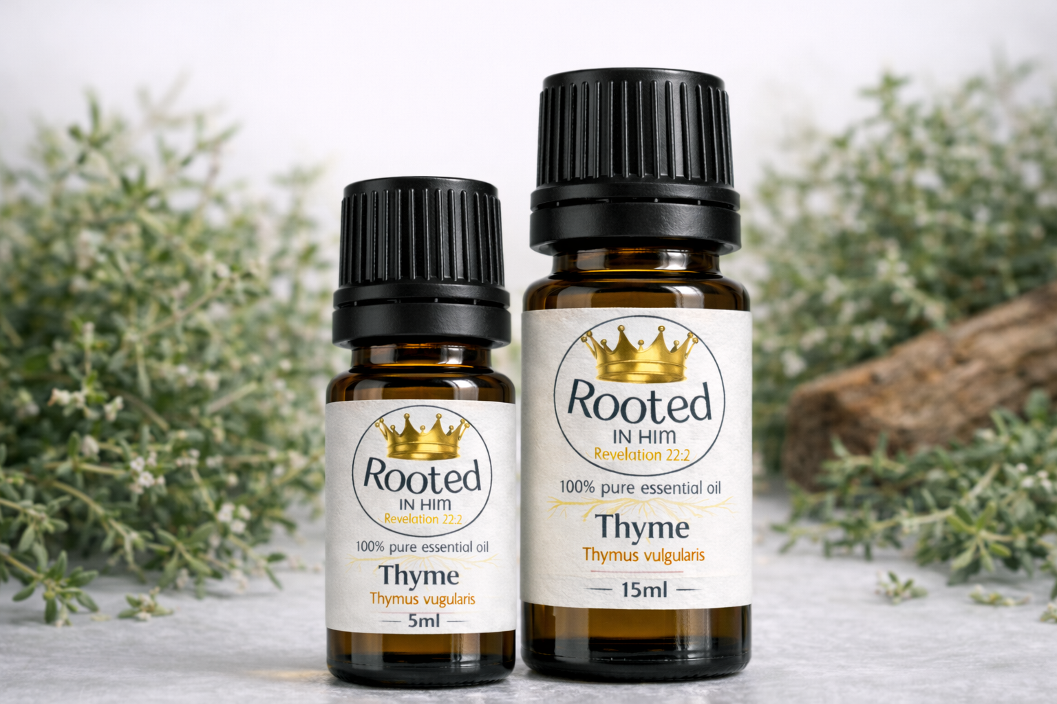 thyme essential oil bottles 5ml and 15ml rooted in him