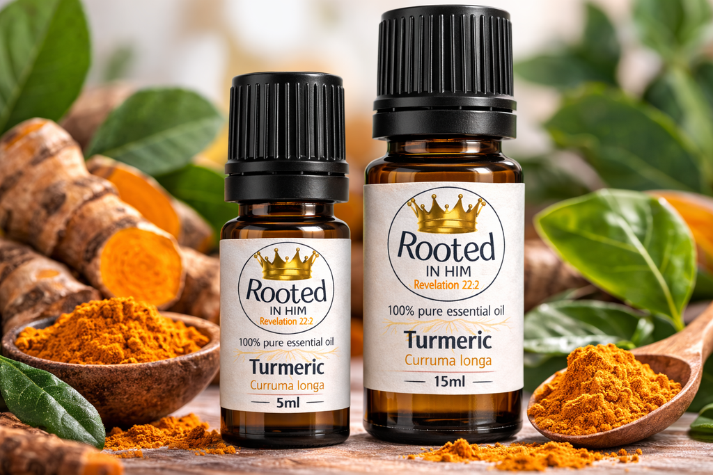turmeric essential oil bottles 5ml and 15ml rooted in him